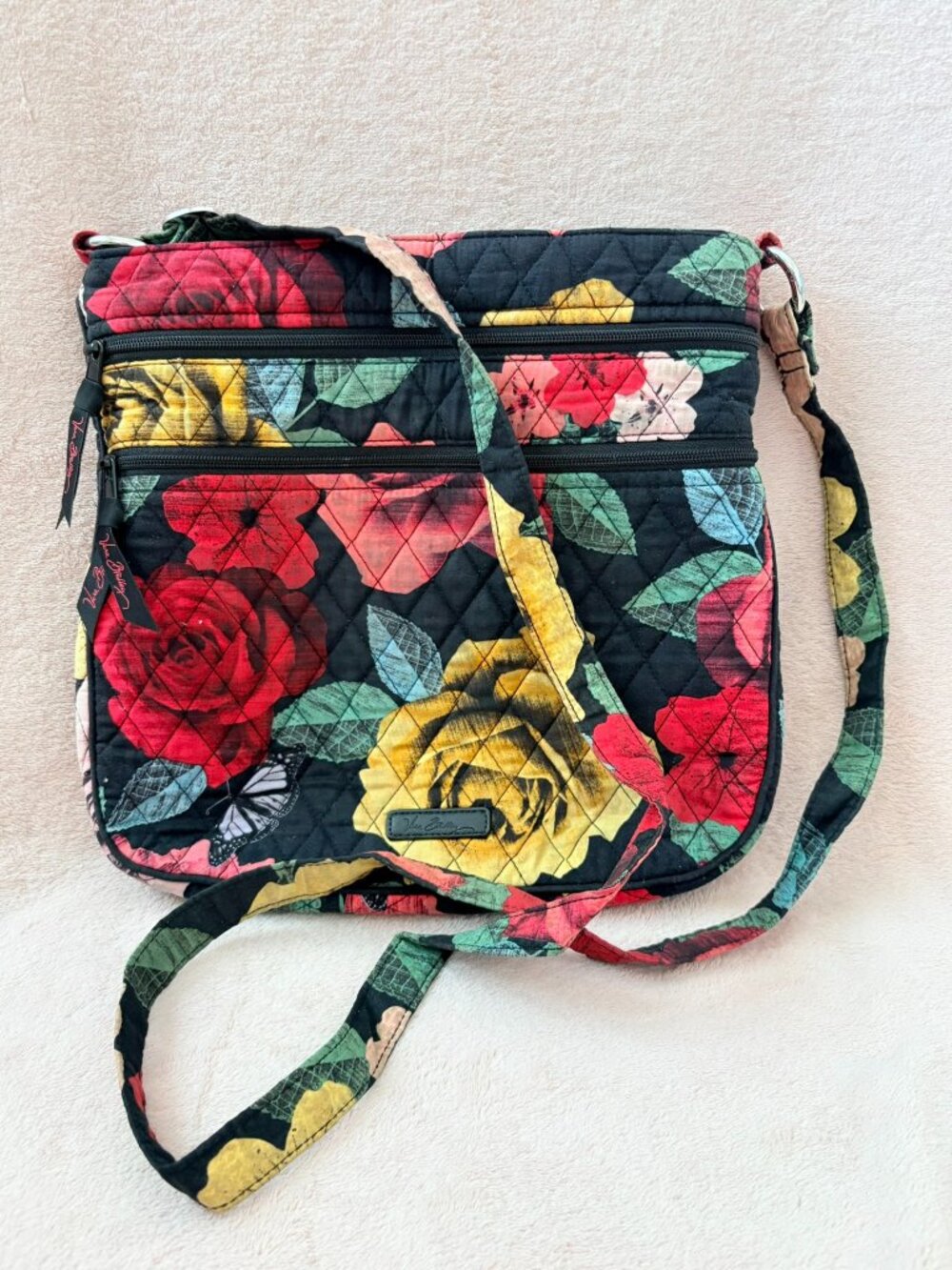 Vera Bradley Havana Rose Distressed Red Yellow Black Triple Zip Crossbody Bag